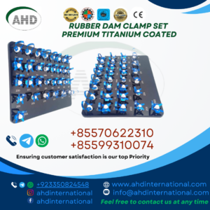 Titanium-coated stainless steel dental rubber dam clamps, precision-finished, for oral surgery, displayed on black trays; AHD details shown. – AHD International | Surgical Instruments Manufacturer Sialkot Pakistan